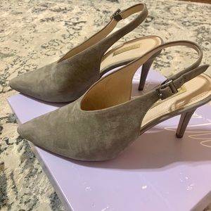 Grey Suede sling back heeled pumps